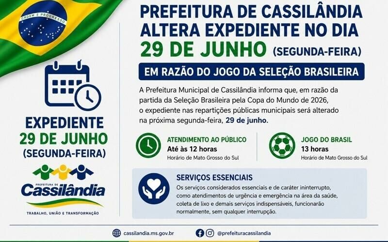 Imagem de compartilhamento para o artigo Cassilândia altera expediente e suspende aulas da tarde por jogo do Brasil na Copa da MS Todo dia